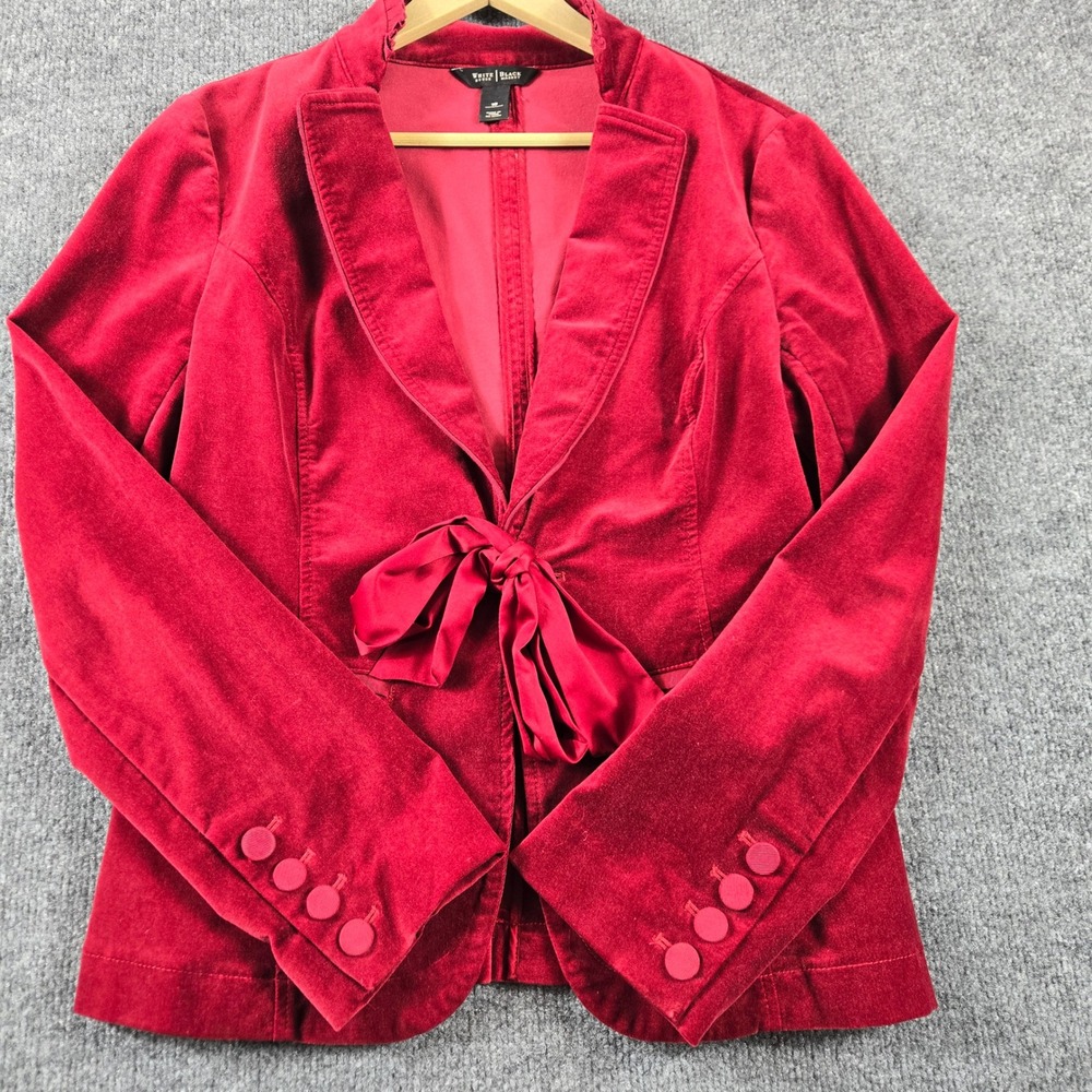 White House Black Market Velvet Blazer Womens 10 Red Tie Front Jacket